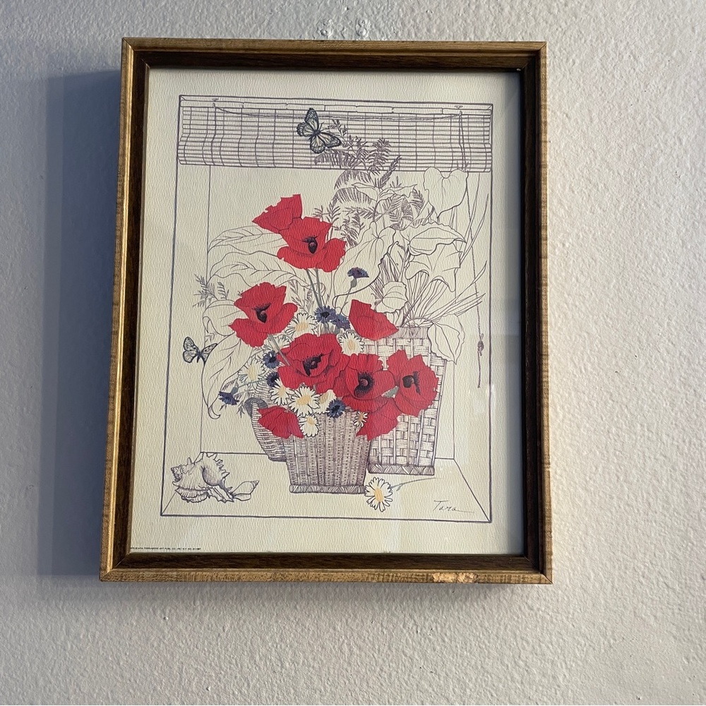 Tama Signed 70’s Print “Poppies”. 15x12. Framed in Wood and Glass